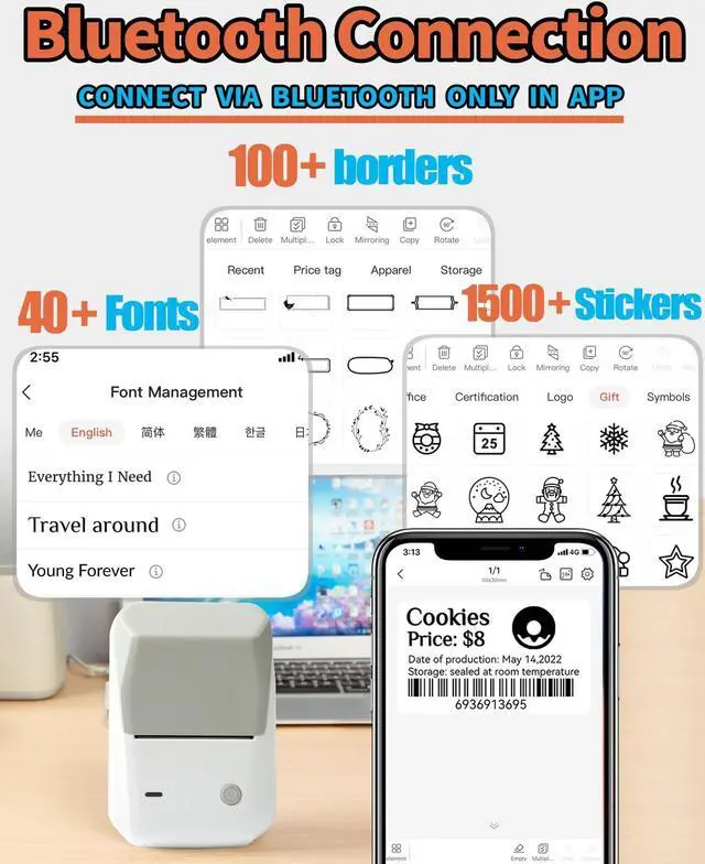 Alt view image 2 of 5 - LMASBLTER Gray Barcode Label Printer B1 Portable Bluetooth Thermal Mini Label Maker Printer Apply to Labeling, Office, Cable, Retail, Barcode+2 Rolls Colorful Square Label Maker Tape