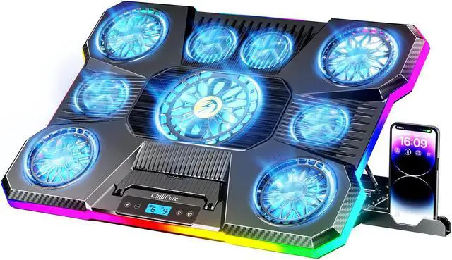 Main image of ChillCore Laptop Cooling Pad, RGB Lights Laptop Cooler 9 Fans for 15.6-19.3 Inch Laptops, Gaming Laptop Fan Cooling Pad with 8 Height Stands, 2 USB Ports - A21 Blue