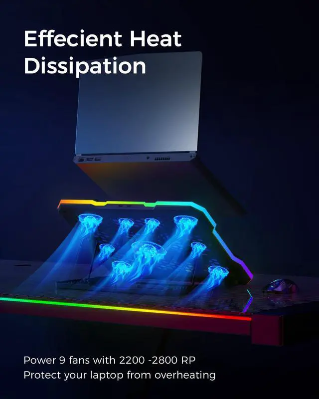 Alt view image 2 of 5 - ChillCore Laptop Cooling Pad, RGB Lights Laptop Cooler 9 Fans for 15.6-19.3 Inch Laptops, Gaming Laptop Fan Cooling Pad with 8 Height Stands, 2 USB Ports - A21 Blue