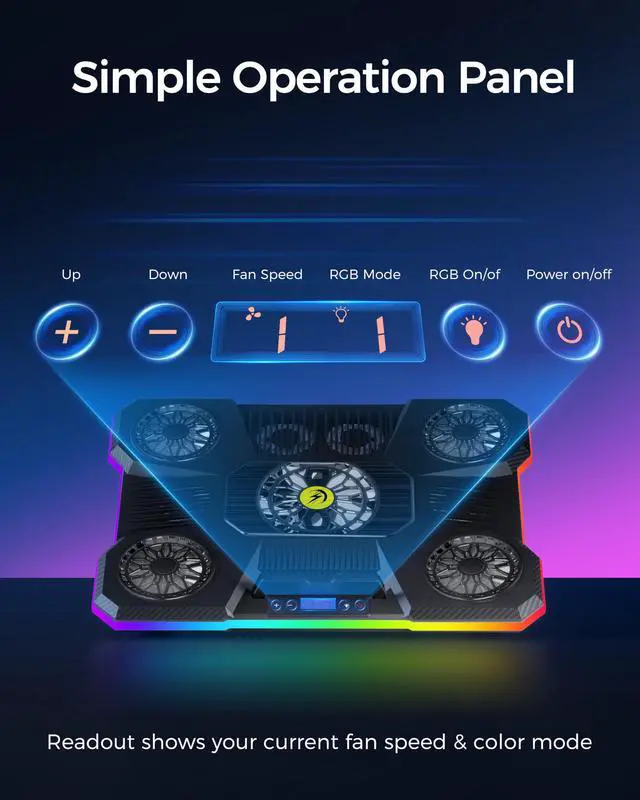 Alt view image 4 of 5 - ChillCore Laptop Cooling Pad, RGB Lights Laptop Cooler 9 Fans for 15.6-19.3 Inch Laptops, Gaming Laptop Fan Cooling Pad with 8 Height Stands, 2 USB Ports - A21 Blue