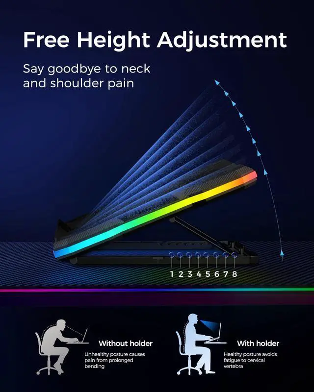 Alt view image 3 of 5 - ChillCore Laptop Cooling Pad, RGB Lights Laptop Cooler 9 Fans for 15.6-19.3 Inch Laptops, Gaming Laptop Fan Cooling Pad with 8 Height Stands, 2 USB Ports - A21 Blue