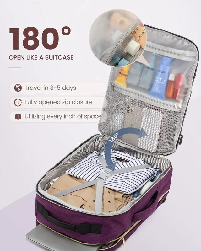 Alt view image 2 of 5 - LOVEVOOK Large Travel Laptop Backpack Women, 50L Flight Approved Carry on Backpack Waterproof 18 inch Luggage Daypack Business Weekender Overnight Bag with 3 Packing Cubes, Dark purple-Black