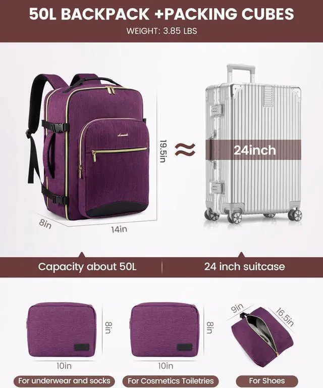 Alt view image 5 of 5 - LOVEVOOK Large Travel Laptop Backpack Women, 50L Flight Approved Carry on Backpack Waterproof 18 inch Luggage Daypack Business Weekender Overnight Bag with 3 Packing Cubes, Dark purple-Black