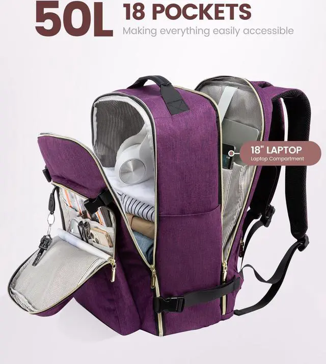 Alt view image 3 of 5 - LOVEVOOK Large Travel Laptop Backpack Women, 50L Flight Approved Carry on Backpack Waterproof 18 inch Luggage Daypack Business Weekender Overnight Bag with 3 Packing Cubes, Dark purple-Black