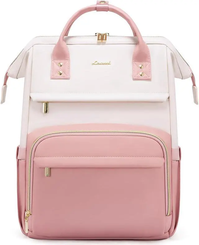 Main image of LOVEVOOK Leather Backpack for Women,17 inch Leather Laptop Backpack Women,Professional Work Backpack Nurse College Teacher Bag,Womens Laptop Tote Bag Computer Travel Backpack Purse,Beige White-Pink
