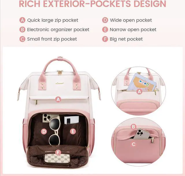 Alt view image 3 of 5 - LOVEVOOK Leather Backpack for Women,17 inch Leather Laptop Backpack Women,Professional Work Backpack Nurse College Teacher Bag,Womens Laptop Tote Bag Computer Travel Backpack Purse,Beige White-Pink