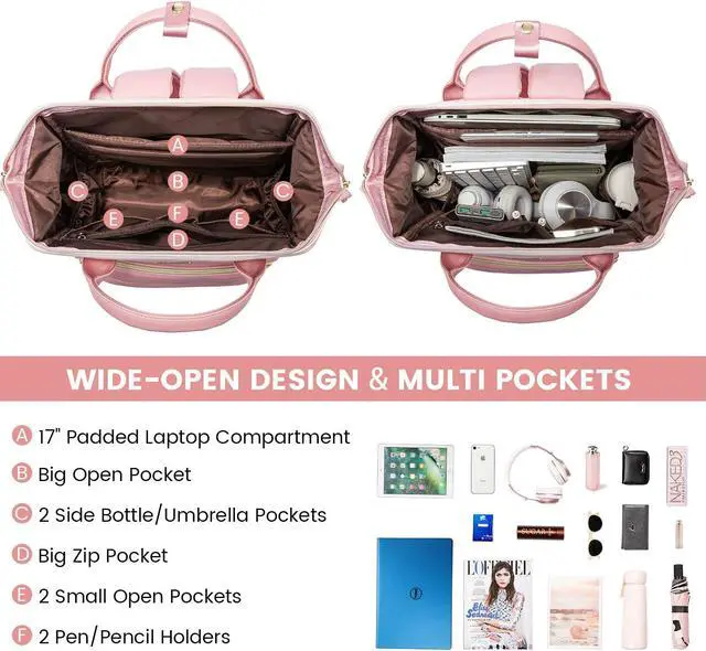 Alt view image 2 of 5 - LOVEVOOK Leather Backpack for Women,17 inch Leather Laptop Backpack Women,Professional Work Backpack Nurse College Teacher Bag,Womens Laptop Tote Bag Computer Travel Backpack Purse,Beige White-Pink