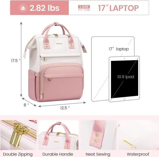 Alt view image 4 of 5 - LOVEVOOK Leather Backpack for Women,17 inch Leather Laptop Backpack Women,Professional Work Backpack Nurse College Teacher Bag,Womens Laptop Tote Bag Computer Travel Backpack Purse,Beige White-Pink
