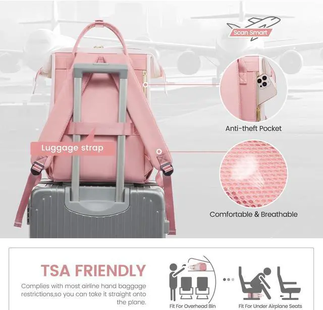 Alt view image 5 of 5 - LOVEVOOK Leather Backpack for Women,17 inch Leather Laptop Backpack Women,Professional Work Backpack Nurse College Teacher Bag,Womens Laptop Tote Bag Computer Travel Backpack Purse,Beige White-Pink