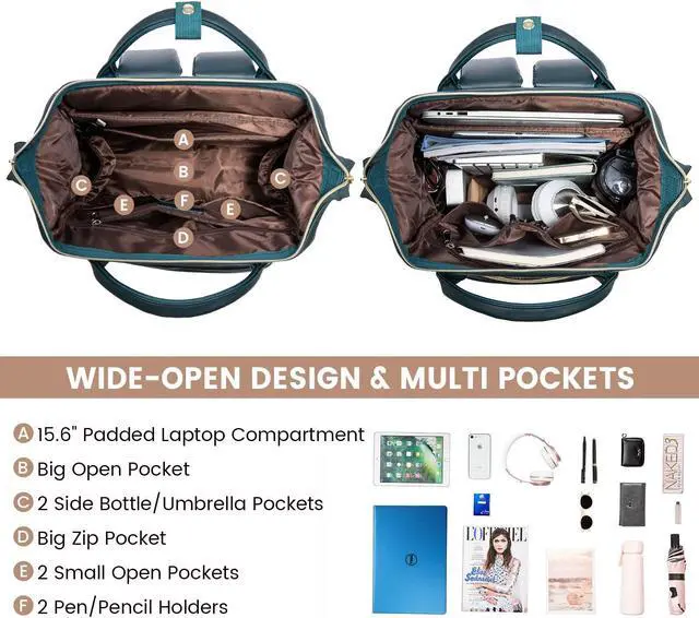 Alt view image 2 of 5 - LOVEVOOK Leather Laptop Backpack for Women 17 inch,Travel Backpack Purse Nurse Teacher Backpack Computer Laptop Bag,Professional College Business Work Bag Carry On Backpack with USB Port,Dark Green