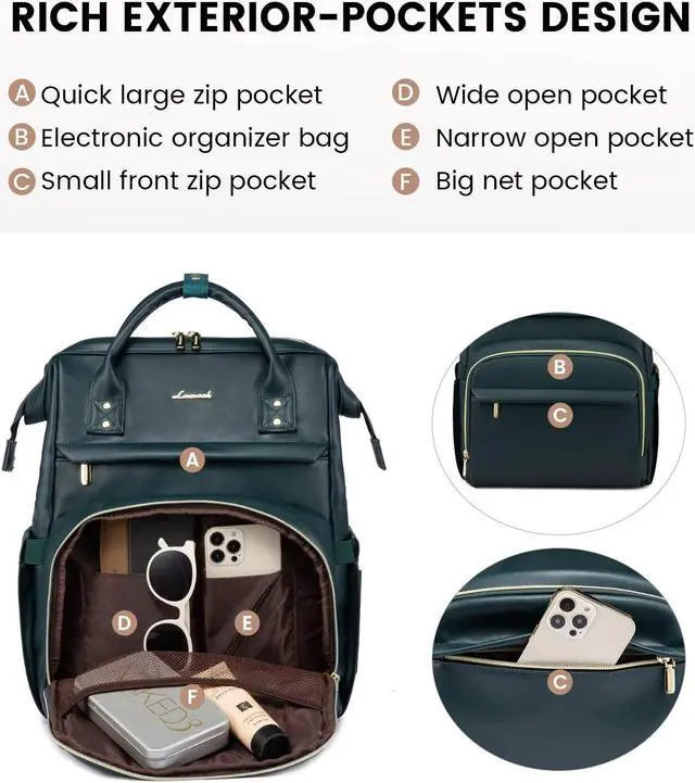 Alt view image 3 of 5 - LOVEVOOK Leather Laptop Backpack for Women 17 inch,Travel Backpack Purse Nurse Teacher Backpack Computer Laptop Bag,Professional College Business Work Bag Carry On Backpack with USB Port,Dark Green