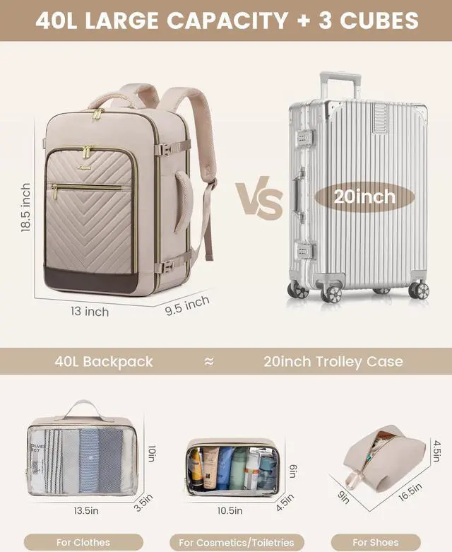 Alt view image 3 of 5 - LOVEVOOK Travel Backpack For Women,40L Carry On Backpack Flight Approved,TSA Personal Item Travel Bag Fits 17 Inch Laptop,Business Weekender Overnight Daypack with 3 Packing Cubes