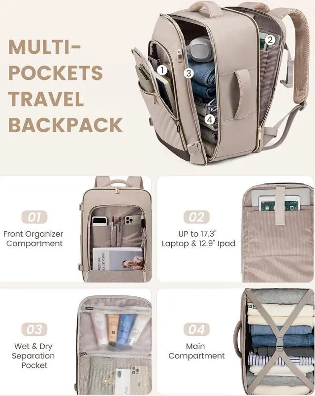 Alt view image 4 of 5 - LOVEVOOK Travel Backpack For Women,40L Carry On Backpack Flight Approved,TSA Personal Item Travel Bag Fits 17 Inch Laptop,Business Weekender Overnight Daypack with 3 Packing Cubes
