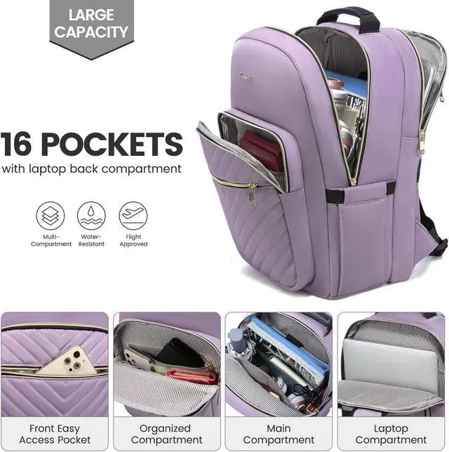 Alt view image 2 of 5 - LOVEVOOK Laptop Backpack for Women 17.3 inch,Cute Womens Travel Backpack Purse,Professional Laptop Computer Bag,Waterproof Work Business College Teacher Bag Carry on Backpack with USB Port,Taro Purple