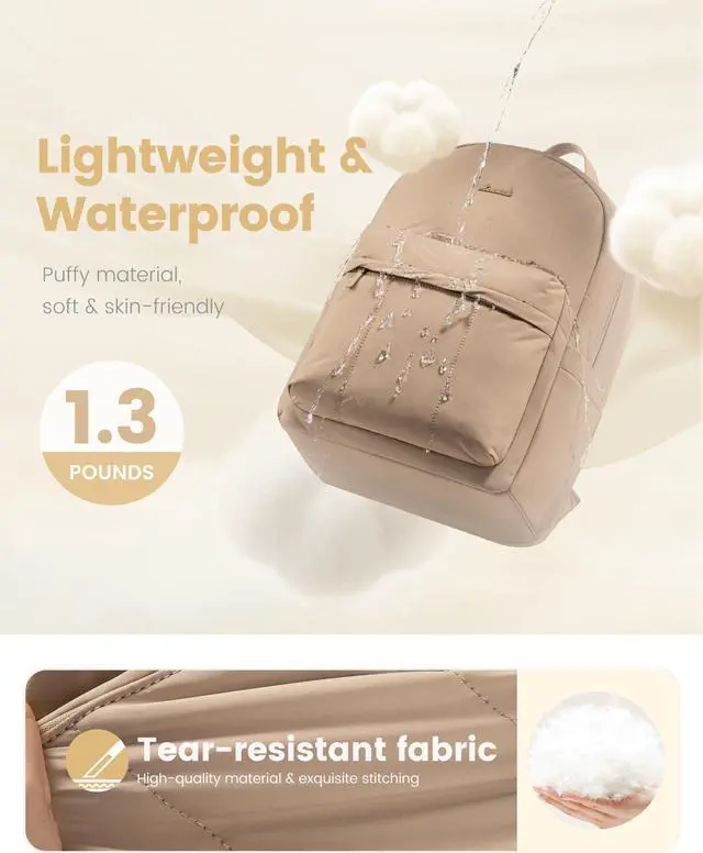 Alt view image 2 of 5 - LOVEVOOK Puffer Backpack for Women Girl Travel Work, Lightweight Quilted Laptop Backpack Purse, Cute Bookbag Teacher Nurse Laptop Bag Computer Backpack, Waterproof Casual Daypack,17.3 Inch, Khaki