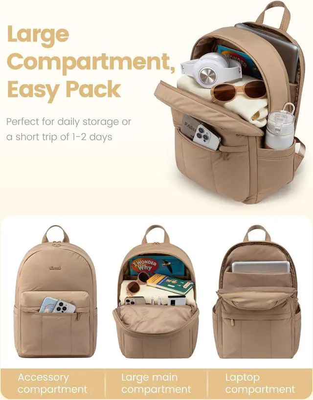 Alt view image 3 of 5 - LOVEVOOK Puffer Backpack for Women Girl Travel Work, Lightweight Quilted Laptop Backpack Purse, Cute Bookbag Teacher Nurse Laptop Bag Computer Backpack, Waterproof Casual Daypack,17.3 Inch, Khaki