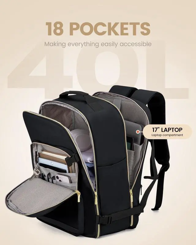 Alt view image 3 of 5 - LOVEVOOK Travel Backpack for Women Men as Personal Item Flight Approved, 40L Luggage Carry On Backpack,17.3inch Large Daypack Laptop Backpack Waterproof Outdoor Sports with 3 Packing Cubes,Black-Black