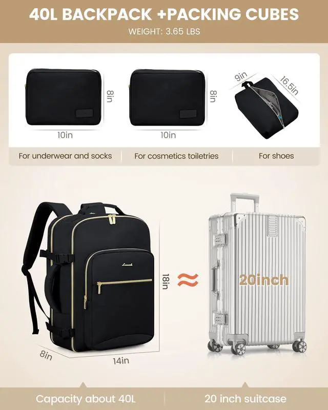 Alt view image 5 of 5 - LOVEVOOK Travel Backpack for Women Men as Personal Item Flight Approved, 40L Luggage Carry On Backpack,17.3inch Large Daypack Laptop Backpack Waterproof Outdoor Sports with 3 Packing Cubes,Black-Black