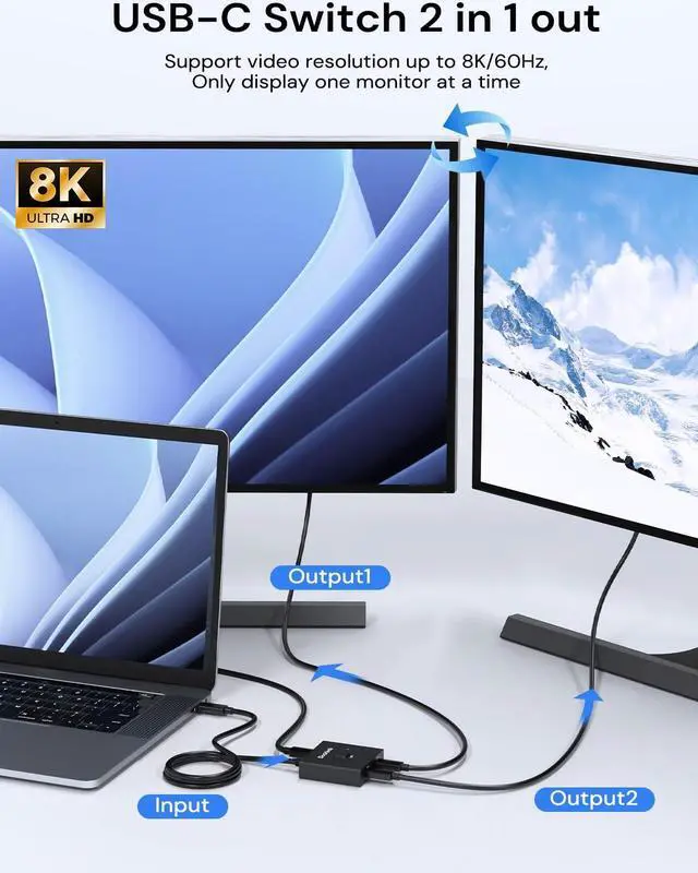 Alt view image 3 of 5 - Dockteck USB C Switch, Bi-Directional Switcher1 in 2 Out/2 in 1 Out with 10Gbps Transfer Speed and 100W PD Charging,USB Switch with 4K@60Hz,1.9FT USB-C Cable for Printer, Laptop,Scanner