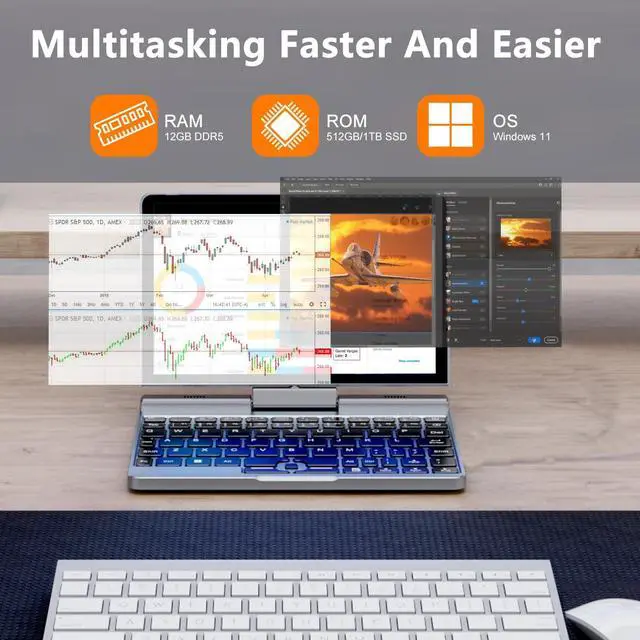 Alt view image 3 of 5 - Crelander 2-in-1 Mini Laptop | 8-Inch Touchscreen Portable Small Pocket Computer | Intel 12th Gen N100 Processor | 12GB DDR5 RAM 512GB SSD |PD 30W Charging | WiFi6 BT5.2 |Backlit Keyboard |Windows 11