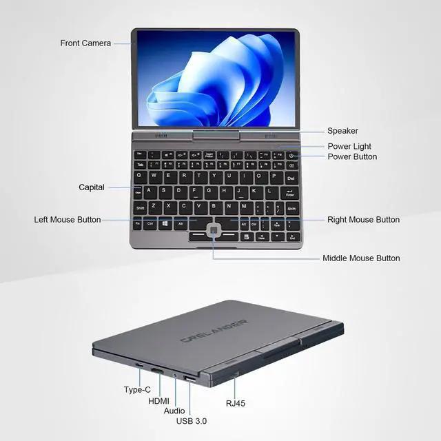 Alt view image 5 of 5 - Crelander 2-in-1 Mini Laptop | 8-Inch Touchscreen Portable Small Pocket Computer | Intel 12th Gen N100 Processor | 12GB DDR5 RAM 512GB SSD |PD 30W Charging | WiFi6 BT5.2 |Backlit Keyboard |Windows 11