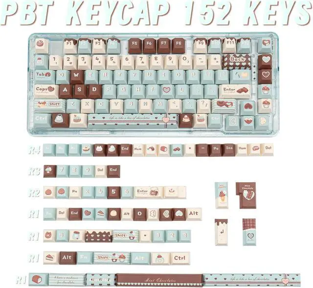 Alt view image 2 of 5 - COOMICKEY PBT Keycaps, Cute Keycaps 60% Percent 152 Keys Cherry Profile Custom Keycap Set for Cherry Gateron MX Switches Mechanical Keyboard Keycaps(Mint Chocolate)