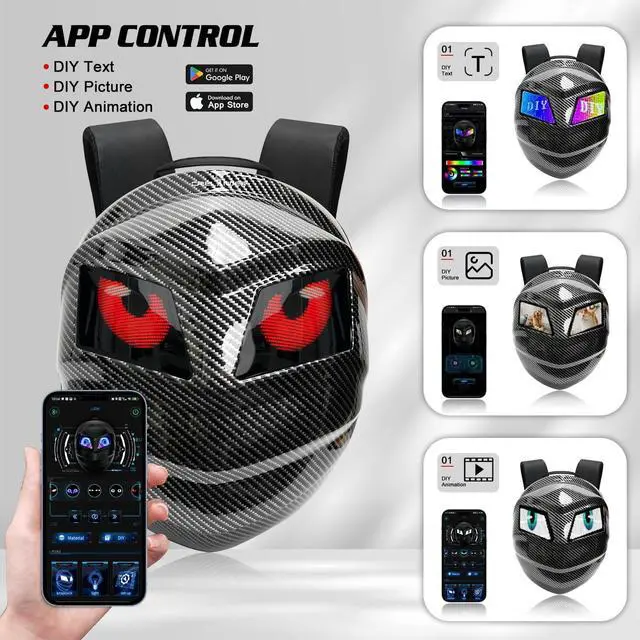 Alt view image 2 of 5 - Crelander Black Knight Backpack with LED Eyes,Hard Shell Motorcycle Helmet Bag,Programmable Riding Travel Laptop Shoulder Bag (Carbon Fiber Textured Color)