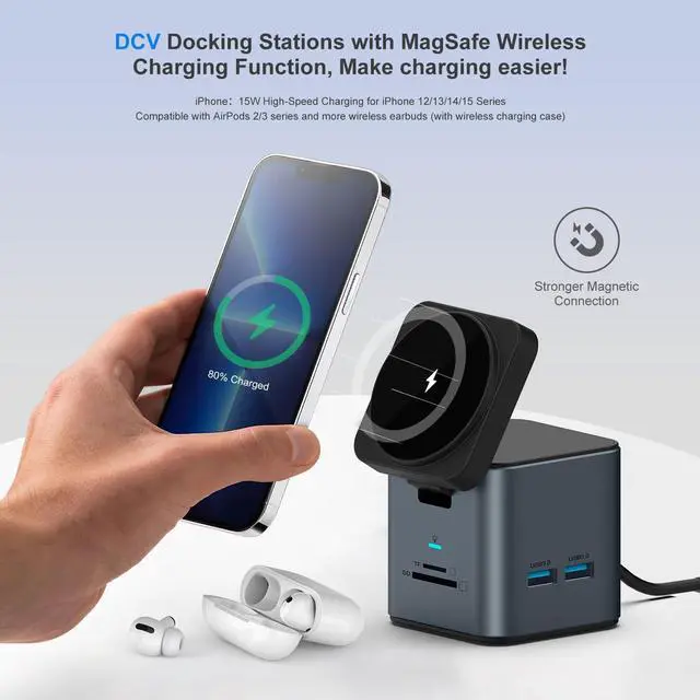 Alt view image 2 of 5 - USB C Laptop Docking Station with MagSafe Charger Stand, 9 in 1 USB C Hub Multiport Adapter with 4K HDMI, 1Gbps Ethernet, 3 USB 3.0, SD/TF, Compatible with MacBook/Dell/HP/Lenovo/iPhone (Dark Gray)