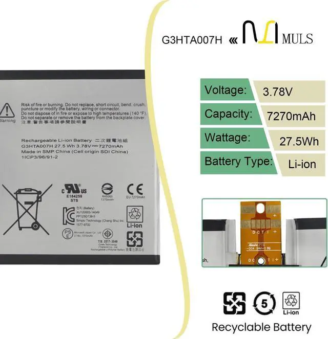 Alt view image 2 of 5 - MULS G3HTA003H Replacement Battery for Microsoft MSK-1645 Surface 3 10.8" Surface 3 1645 Tablet G3HTA004H G3HTA007H Installation Tools 3.78V 7270mAh 27.5Wh