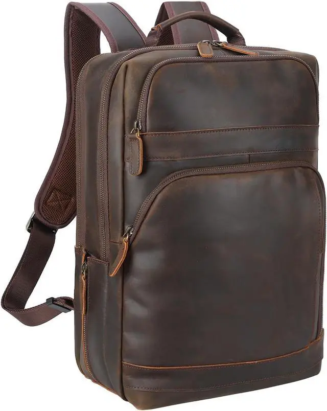Main image of Masa Kawa Brown Leather Laptop Backpack for Men Fits 16" 15.6" Computer, Vintage Business Travel Work Large Daypack Weekender Bag Camping Rucksack