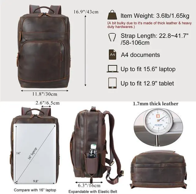 Alt view image 2 of 5 - Masa Kawa Brown Leather Laptop Backpack for Men Fits 16" 15.6" Computer, Vintage Business Travel Work Large Daypack Weekender Bag Camping Rucksack