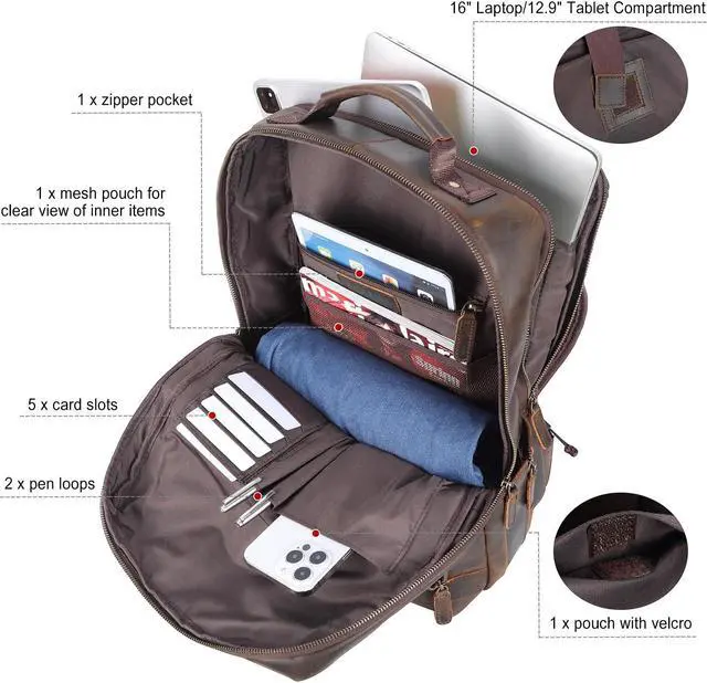 Alt view image 5 of 5 - Masa Kawa Brown Leather Laptop Backpack for Men Fits 16" 15.6" Computer, Vintage Business Travel Work Large Daypack Weekender Bag Camping Rucksack