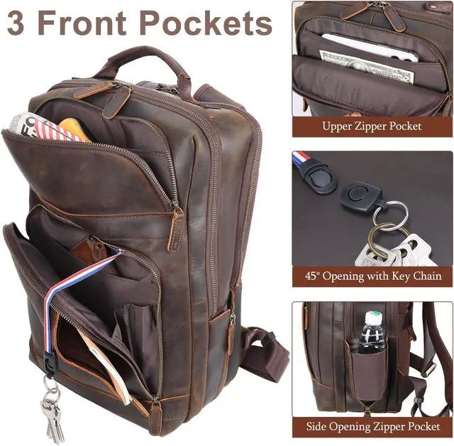 Alt view image 4 of 5 - Masa Kawa Brown Leather Laptop Backpack for Men Fits 16" 15.6" Computer, Vintage Business Travel Work Large Daypack Weekender Bag Camping Rucksack