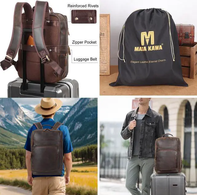Alt view image 3 of 5 - Masa Kawa Brown Leather Laptop Backpack for Men Fits 16" 15.6" Computer, Vintage Business Travel Work Large Daypack Weekender Bag Camping Rucksack