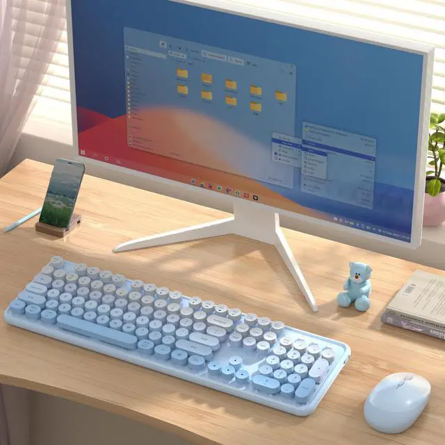 Alt view image 2 of 5 - Colorful Wireless Keyboard and Mouse Combo, COVEVA 2.4GHz Wireless Retro Cute Round Keycaps Keyboard, 104 Keys Full-Sized Keyboard Mouse Set with Switch Button for PC Laptop Desktop (Blue Gradient)
