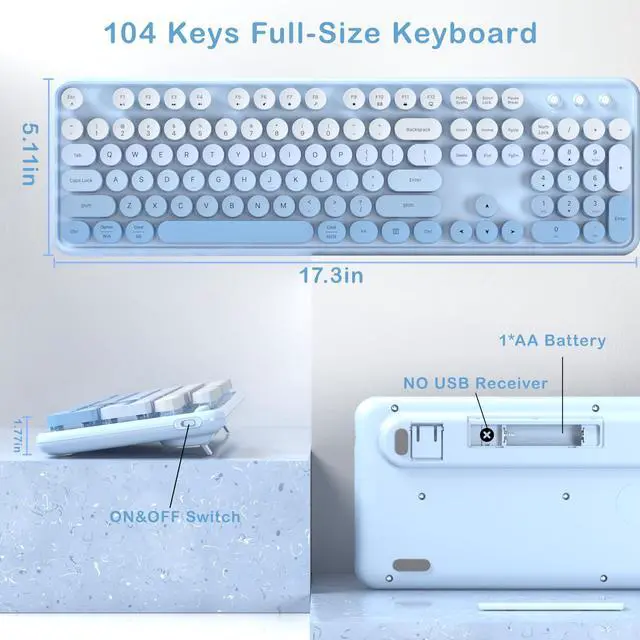 Alt view image 5 of 5 - Colorful Wireless Keyboard and Mouse Combo, COVEVA 2.4GHz Wireless Retro Cute Round Keycaps Keyboard, 104 Keys Full-Sized Keyboard Mouse Set with Switch Button for PC Laptop Desktop (Blue Gradient)