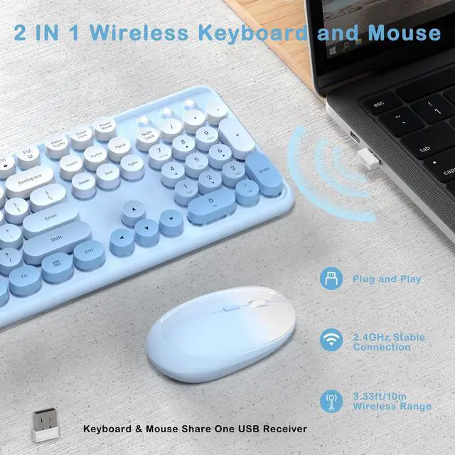 Alt view image 4 of 5 - Colorful Wireless Keyboard and Mouse Combo, COVEVA 2.4GHz Wireless Retro Cute Round Keycaps Keyboard, 104 Keys Full-Sized Keyboard Mouse Set with Switch Button for PC Laptop Desktop (Blue Gradient)