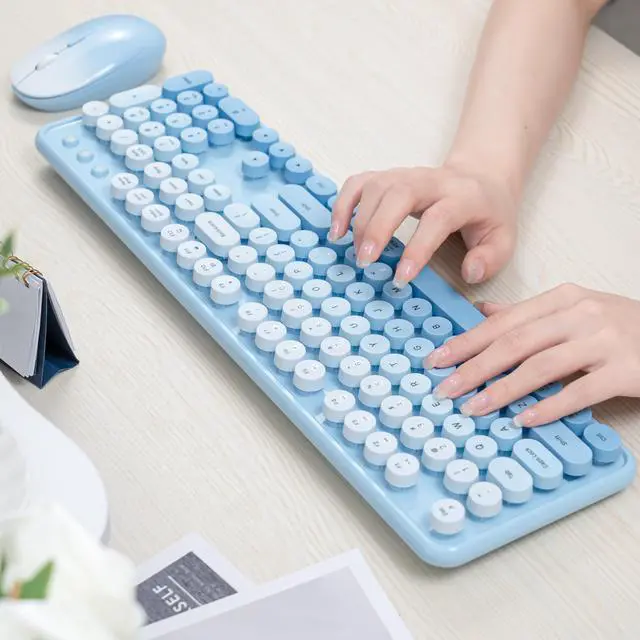 Alt view image 3 of 5 - Colorful Wireless Keyboard and Mouse Combo, COVEVA 2.4GHz Wireless Retro Cute Round Keycaps Keyboard, 104 Keys Full-Sized Keyboard Mouse Set with Switch Button for PC Laptop Desktop (Blue Gradient)