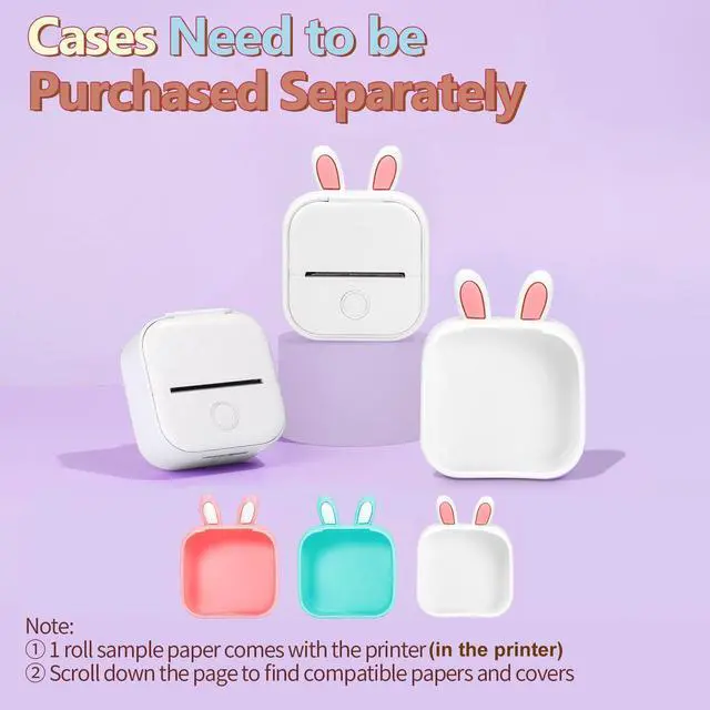 Alt view image 2 of 5 - Memoking Mini Portable Printer - T02 Mini Inkless Printer Pocket Thermal Sticker Printer Mini Sticker Printer Mobile Picture Printer for Student, Gift, White (Bunny Case Not Included)