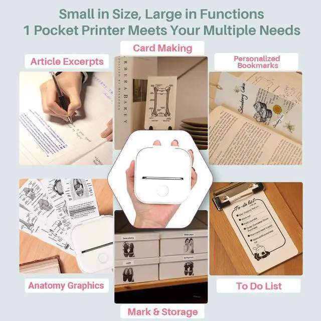 Alt view image 5 of 5 - Memoking Mini Portable Printer - T02 Mini Inkless Printer Pocket Thermal Sticker Printer Mini Sticker Printer Mobile Picture Printer for Student, Gift, White (Bunny Case Not Included)
