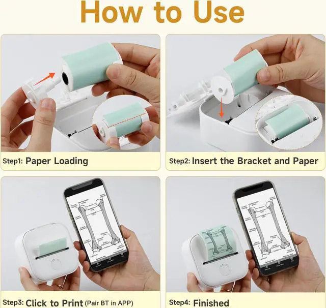 Alt view image 4 of 5 - Memoking Mini Portable Printer - T02 Mini Inkless Printer Pocket Thermal Sticker Printer Mini Sticker Printer Mobile Picture Printer for Student, Gift, White (Bunny Case Not Included)