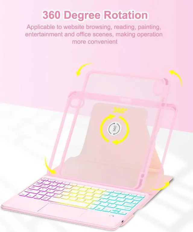 Alt view image 4 of 5 - MePadKey Touchpad Keyboard Case for iPad Air 11 inch M3 2025/M2 2024 7th/6th Generation, 360 Rotation Cover with Wireless Backlit Detachable Keypad for Air 10.9" 5th 4th 4 5 6 7 Gen, Pink