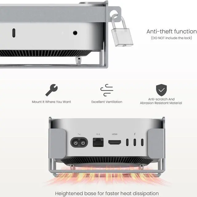 Alt view image 5 of 5 - Fasgear Mac Mini M4 Vesa Mount Pure Aluminum, Under Desk Mounting Bracket for Monitors with Anti-Theft Function, Metal Wall Mounted VESA Compatible with Mac Mini M4 Pro 2024(Silver)