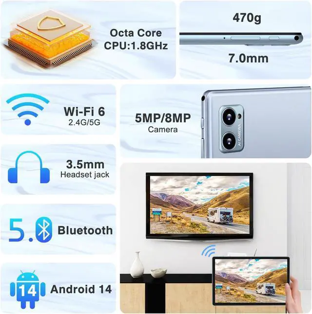 Alt view image 5 of 5 - DEERTiME Android 14 Tablet 10.1 Inch Tablets, 20GB RAM 128GB ROM 1TB Expand Octa-Core 2 in 1 Tablet PC with Keyboard Mouse Case, 1280x800 IPS HD Touchscreen, Bluetooth WI-FI 6, Widevine L1 - Blue