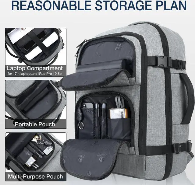 Alt view image 3 of 5 - Dinictis 40L Travel Backpack Carry on Flight Approved, Backpack Suitcase for Travel, Personal Item Travel Bag fits 17 inch Laptop- Grey