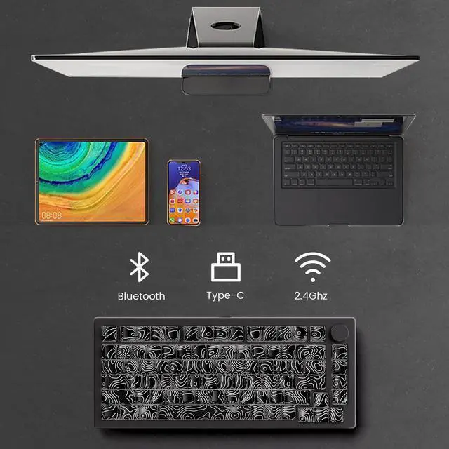 Alt view image 3 of 5 - M1 V5 Aluminum Mechanical Keyboard 75% Topographic Theme Quick Release Gaming Keyboard with Knob, 8000 mAH RGB Hot-swappable Black Custom Keyboard with Side-printed Keycaps Pre lubed Piano Switch