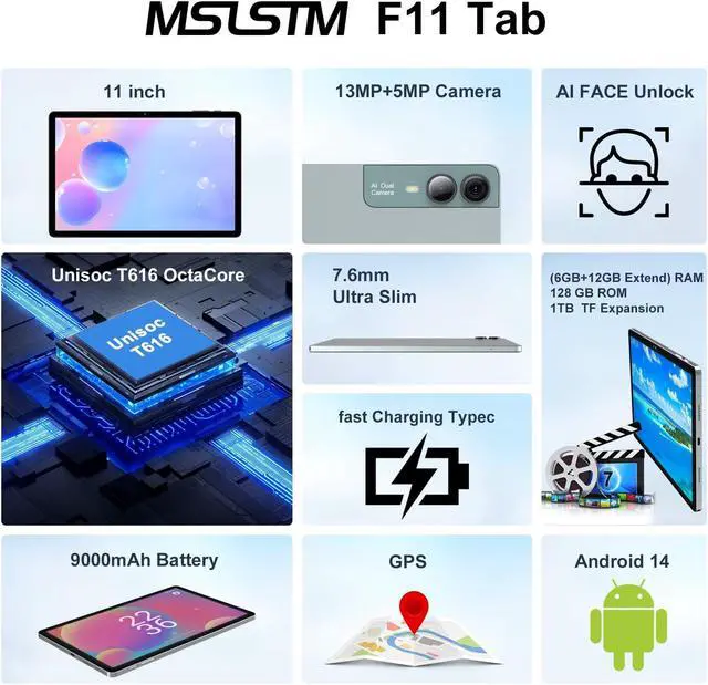 Alt view image 2 of 5 - MSLSTM 2025 Latest 11 inch Tablet Android 14 Tablets 18GB RAM 128GB ROM+1TB TF Expand, 2K Display, T616 CPU,5+13+5MP Camera, 5G WiFi,4 Speakers, with Keyboard,case, Pen