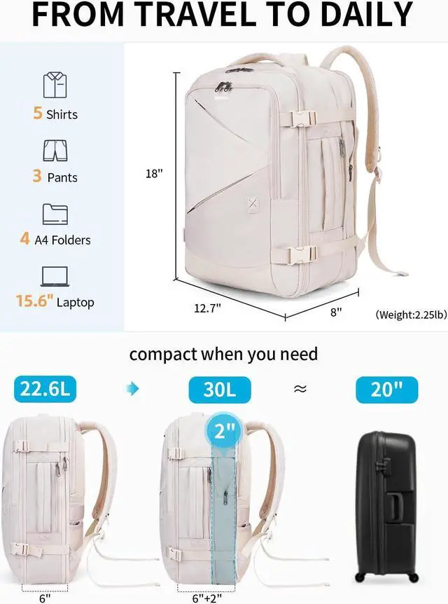 Alt view image 3 of 5 - ECOHUB Carry On Travel Backpack, Expandable Airlines Personal Item Bag 18x14x8, Water Resistant 17 inch Laptop Backpack Flight Approved, 12 Pockets 30L Work Backpacks with Wet Pocket & Cable Slot