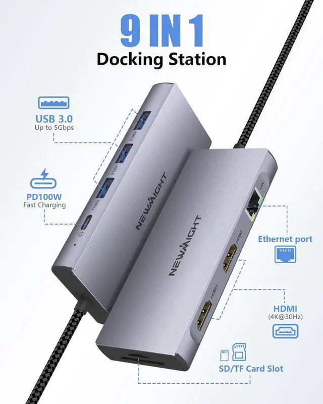 Alt view image 2 of 5 - Laptop Docking Station Dual Monitor, Newmight Dual HDMI Adapter for 2 Monitors with 2 HDMI 4K, 1 Gbps Ethernet, PD 100W Charging, 3 USB 3.0, SD/TF Reader, USB C Docking Station for MacBook, Dell