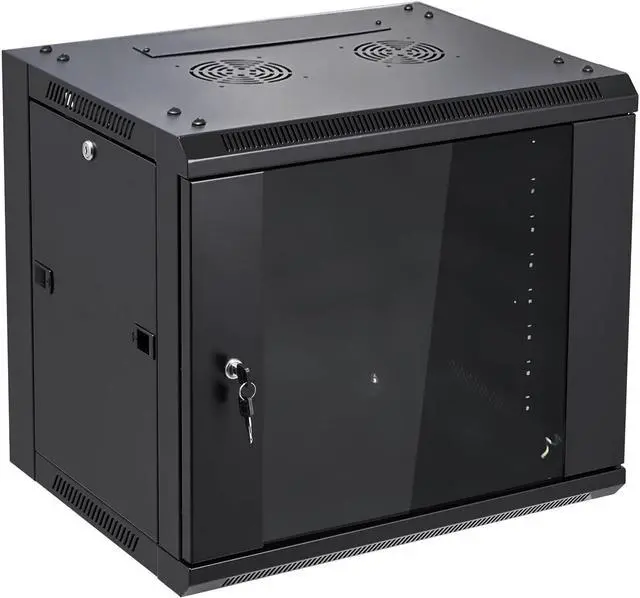 Alt view image 2 of 5 - 9U Wall Mount Server Cabinet Network Rack Enclosure Locking Glass Door with Network Cabinet Fan 2pc Kit